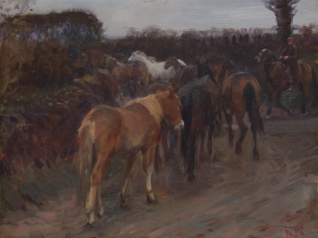 Sir Alfred James Munnings P.R.A., R.W.S. (British, 1878-1959) Gypsy ponies 35.5 x 46 cm. (14 x 18 in.)