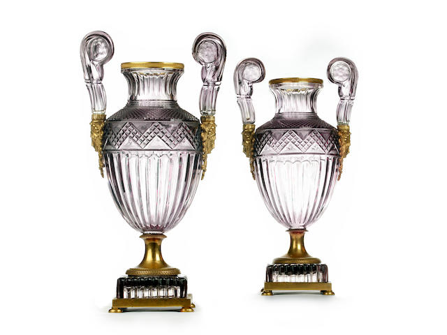 An important pair of Russian ormolu and amethyst coloured cut glass vases Imperial Glass Manufactory, circa 1830-40