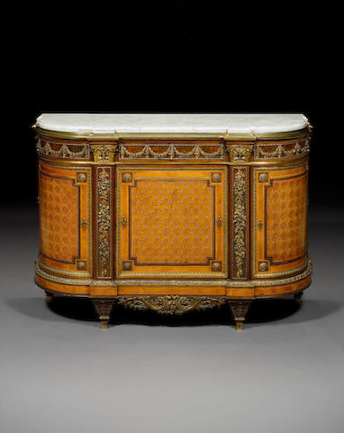 A French late 19th century Louis XVI style ormolu mounted amaranth, thuya and sycamore marquetry commode attributed to Henry Dasson, Paris