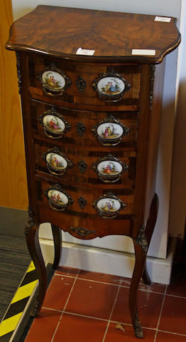 An early 20th Century walnut cross-banded and gilt metal and porcelain mounted chest,
