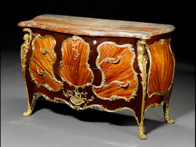 A French late 19th century ormolu-mounted kingwood and satin&#233; parquetry bomb&#233; commode probably after a design by L&#233;on Messag&#233;, made by Zwiener or Jansen Successeur, possibly retailed by Fran&#231;ois Linke