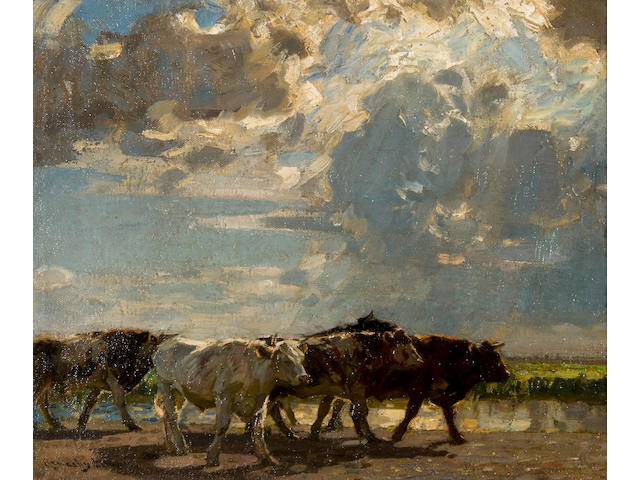 Sir John Alfred Arnesby Brown (British, 1866-1955) Cattle on a track