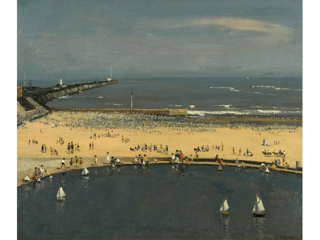 Campbell Archibald Mellon (British, 1876-1955) Crowded beach, Gorleston, with boating pond to the foreground