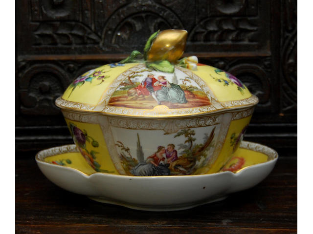 A Dresden ecuelle with cover and saucer