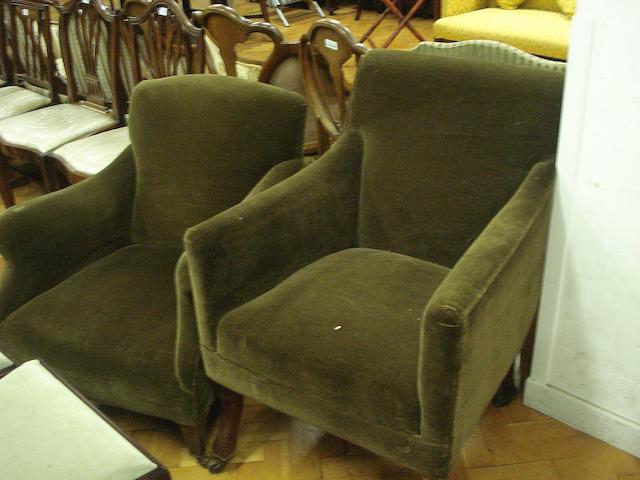 Two late 19th Century/early 20th Century mahogany-framed upholstered armchairs