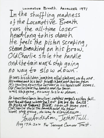 Bonhams Ian Anderson Jethro Tull A Set Of Handwritten Lyrics For Locomotive Breath August 10 Bonhams Ian Anderson Jethro Tull A Set Of Handwritten Lyrics For Locomotive Breath August 10
