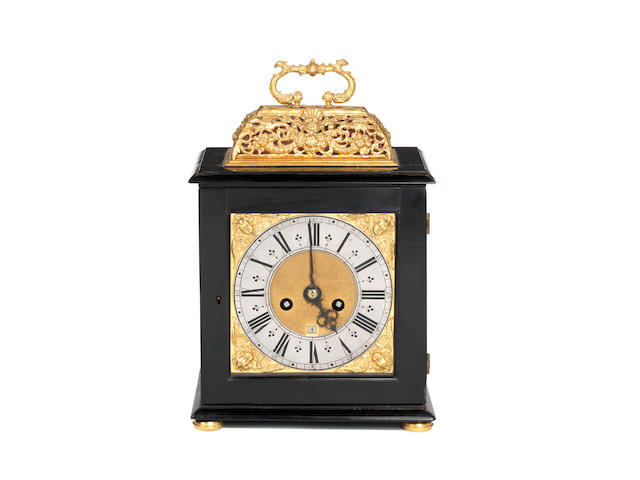 A rare late 17th century ebony veneered quarter repeating basket top bracket clock Henry Jones, London