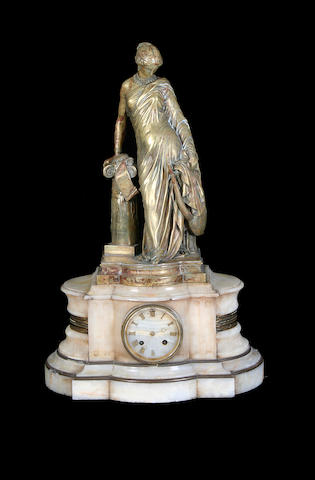 Jean-Jacques (dit James) Pradier, French (1790-1852) A gilt bronze figure of the Standing Sappho mounted on an Algerian onyx mantel clockcast by Victor Paillard c 1848