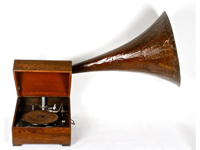 An EMG horn gramophone, Mark Xa, Wilson horn model with 3/4-depth hinged lid,