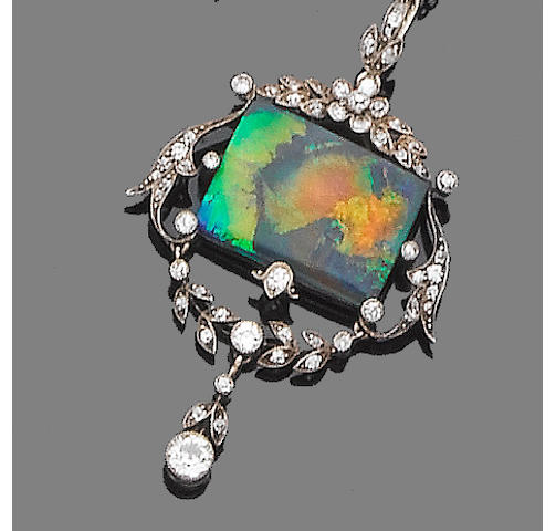 A belle &#233;poque black opal and diamond pendant necklace,