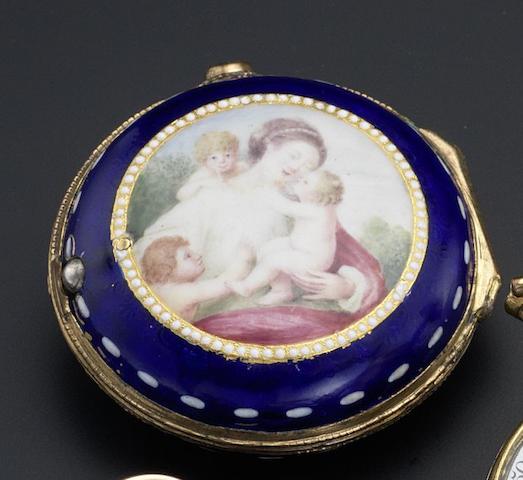 E. Faulkner. A gilt pair cased pocket watch with enamelled panel to outer case backNumber 1177, circa 1750