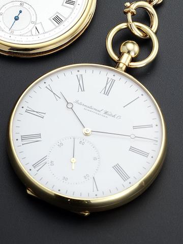 IWC. A contemporary 18ct gold open face keyless wind pocket watchCirca 1980's