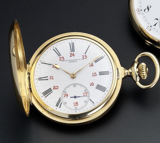 Patek Philippe. A fine 18ct gold keyless wind full hunter pocket watch with copy of Geneva Observatory Rating Certificate obtained on August 6th 1910Retailed by C. Fredenhagen, Buenos Aires, number 150194, circa 1910