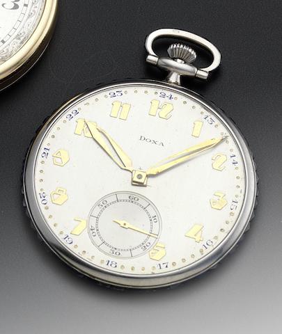 Doxa. A platinum open face keyless wind pocket watch with sapphire set band and bowCirca 1940