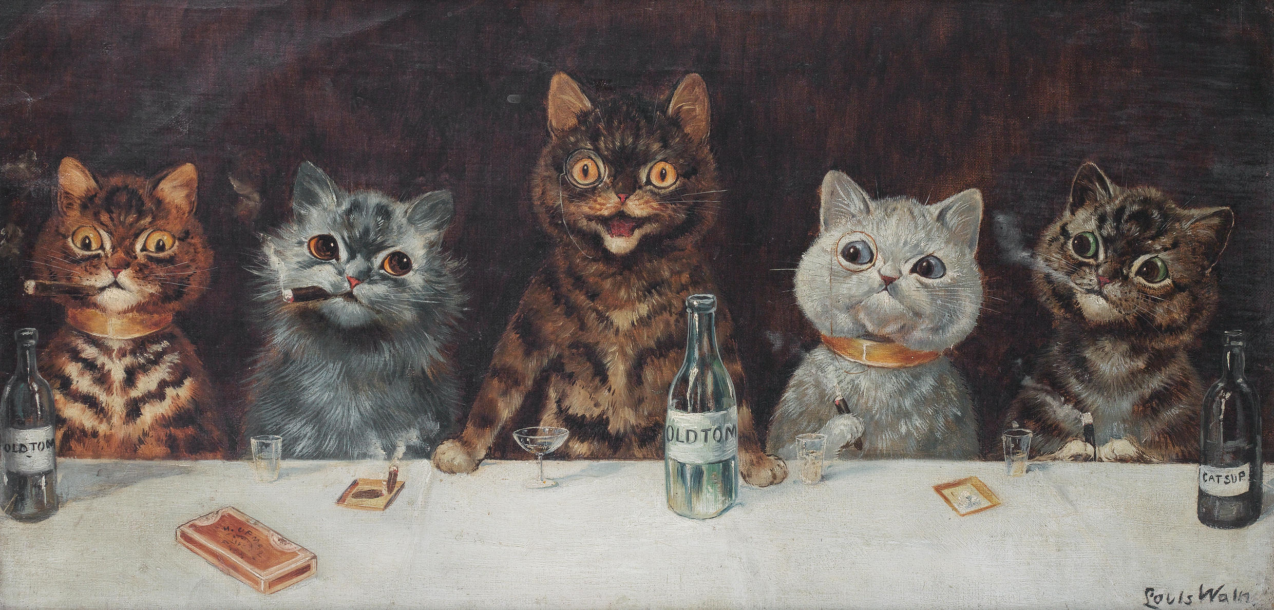 The Bachelor Party painting by Louis Wain showing anthropomorphised cats in a bar.