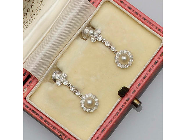 A pair of Edwardian pearl and diamond earrings