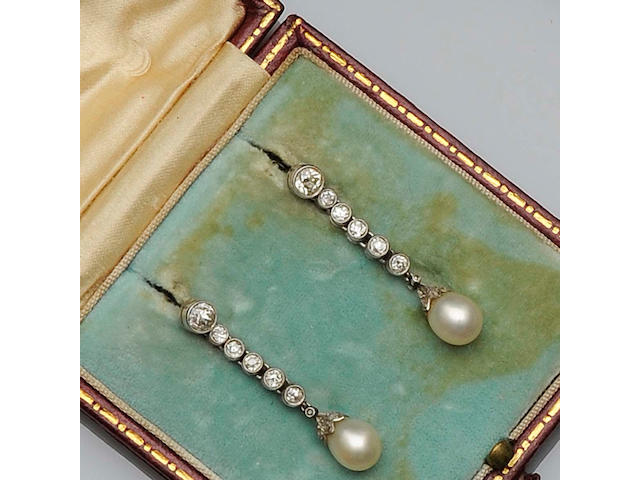 A pair of diamond and pearl earpendants, circa 1910