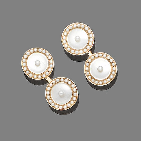 A pair of seed pearl and mother-of-pearl cufflinks