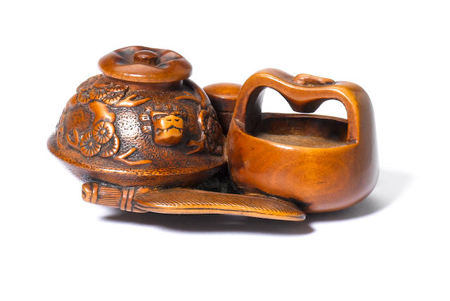 A wood netsuke of tea-ceremony utensils By Tanaka Minko (1735-1816), Tsu, late 18th/early 19th century