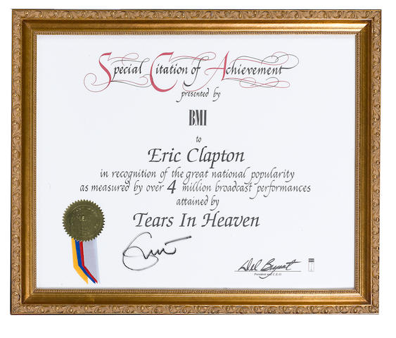 A Special Citation of Achievement certificate presented by the BMI to Eric Clapton,