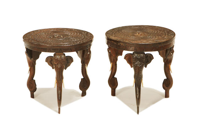 A pair of Anglo-Indian teak and bone inlaid low tables