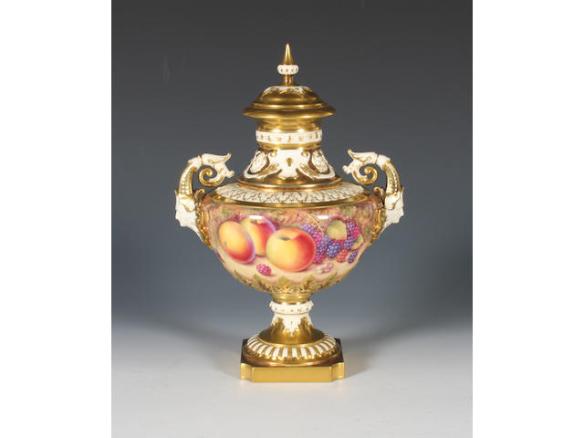 A Royal Worcester fruit painted vase and cover Circa 1970.