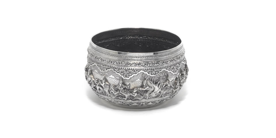 A late 19th / early 20th century Burmese silver rice bowl, incuse stamped to underside "MG PO MYIT", "Silversmith Rangoon",