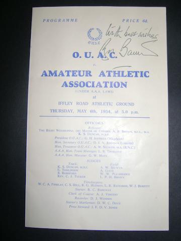 World record 4 minute mile programme hand signed by Roger Bannister