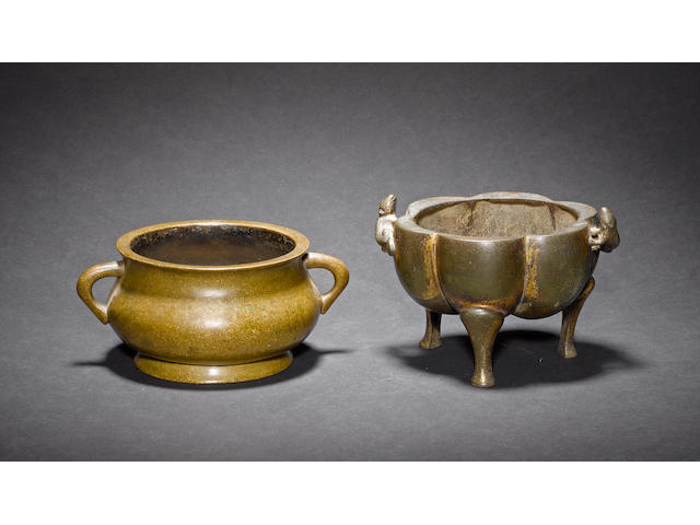Two metal censers, comprising: one of circular form with Xuande six-character mark; and one of tripod form