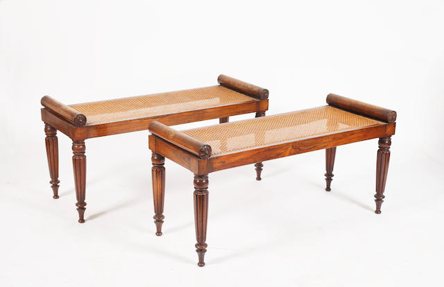 A pair of William IV rosewood and cane hall seats