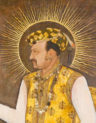 THE LARGEST KNOWN MUGHAL PORTRAIT A MAGNIFICENT LIFE-SIZE  PAINTING IN WHICH THE EMPEROR JAHANGIR (reg. 1605 - 1627), THE 'WORLD-SEIZER', LAYS CLAIM TO SPIRITUAL AND TEMPORAL POWER ON A GLOBAL STAGE Attributed to Abu'l Hasan, Nadir al-Zaman painted at Mandu and dated AH 1026/AD 1617 image 4