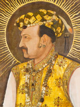 THE LARGEST KNOWN MUGHAL PORTRAIT A MAGNIFICENT LIFE-SIZE  PAINTING IN WHICH THE EMPEROR JAHANGIR (reg. 1605 - 1627), THE 'WORLD-SEIZER', LAYS CLAIM TO SPIRITUAL AND TEMPORAL POWER ON A GLOBAL STAGE Attributed to Abu'l Hasan, Nadir al-Zaman painted at Mandu and dated AH 1026/AD 1617 image 2