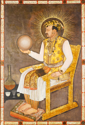 THE LARGEST KNOWN MUGHAL PORTRAIT A MAGNIFICENT LIFE-SIZE  PAINTING IN WHICH THE EMPEROR JAHANGIR (reg. 1605 - 1627), THE 'WORLD-SEIZER', LAYS CLAIM TO SPIRITUAL AND TEMPORAL POWER ON A GLOBAL STAGE Attributed to Abu'l Hasan, Nadir al-Zaman painted at Mandu and dated AH 1026/AD 1617 image 1