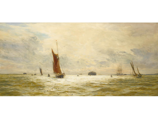 William Lionel Wyllie (British, 1851-1931) Fishing boats running home through Spithead at the end of the day