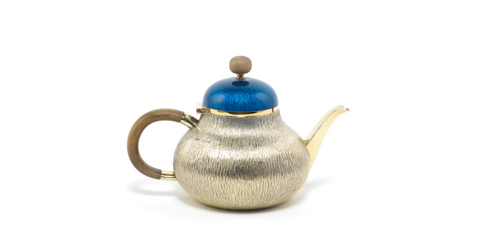 GERALD BENNEY: A rare silver-gilt and enamelled teapot, London 1991,
