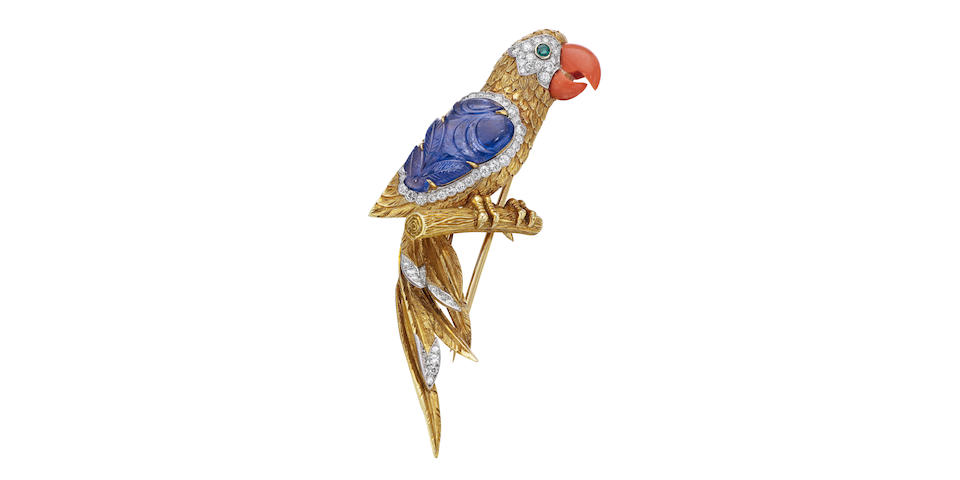 A multi-gem set parrot brooch, by Cartier,