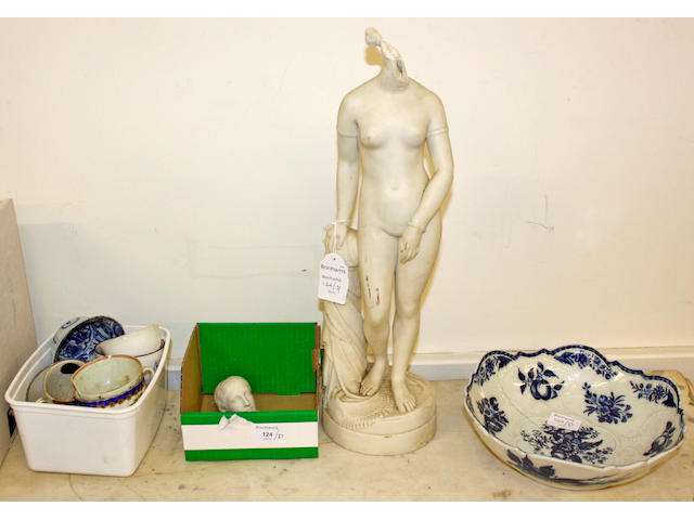 A Caughley blue and white bowl,of puce core pattern, 25cm diameter and a parian figure of a nude maiden, both A/F and miscellaneous teawares