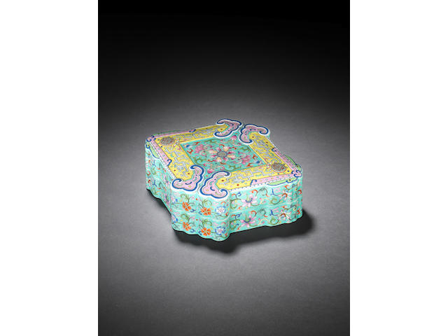 A famille rose turquoise-ground lozenge-shaped box and cover Qianlong seal mark
