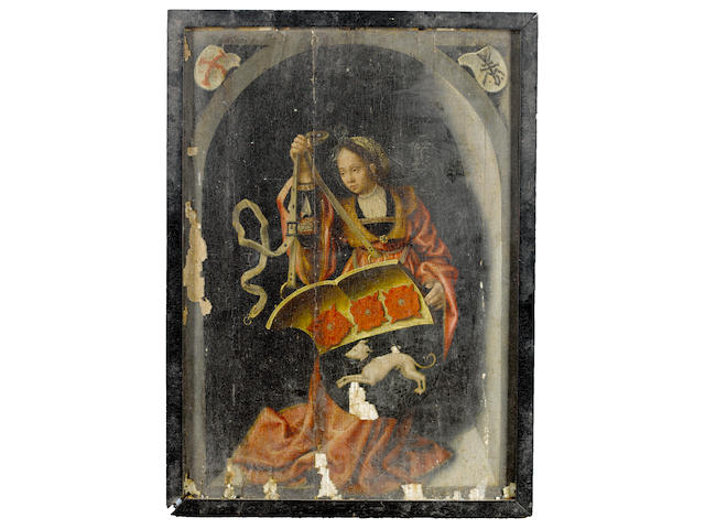 Workshop of Bernaert van Orley (Brussels 1488-1541) A female figure holding an heraldic shield, within a painted niche