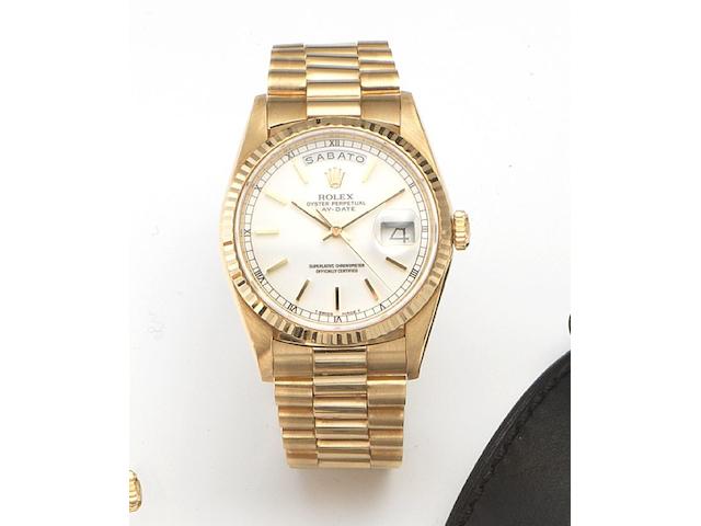 Rolex. An 18ct gold automatic centre seconds bracelet watchDay-Date, Ref.18238, Case No.L743278, Circa 1989
