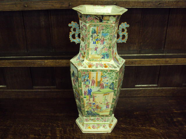 A large hexagonal 19th century Chinese famille rose vase
