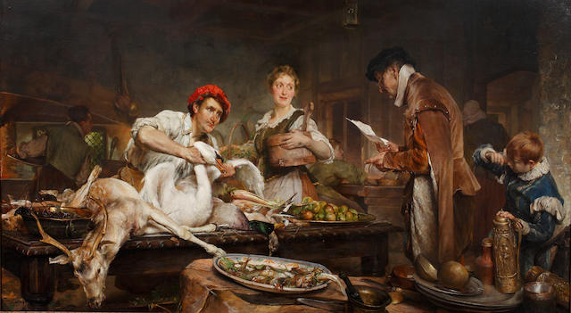 Edgar Bundy (British, 1862-1922) Figures preparing for an extravagant feast, with game icluding swan upon the table