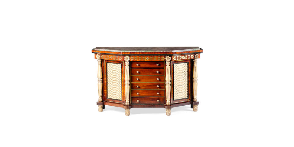 A Regency rosewood brass inlaid and carved giltwood side cabinet, circa 1817 attributed to George Bullock