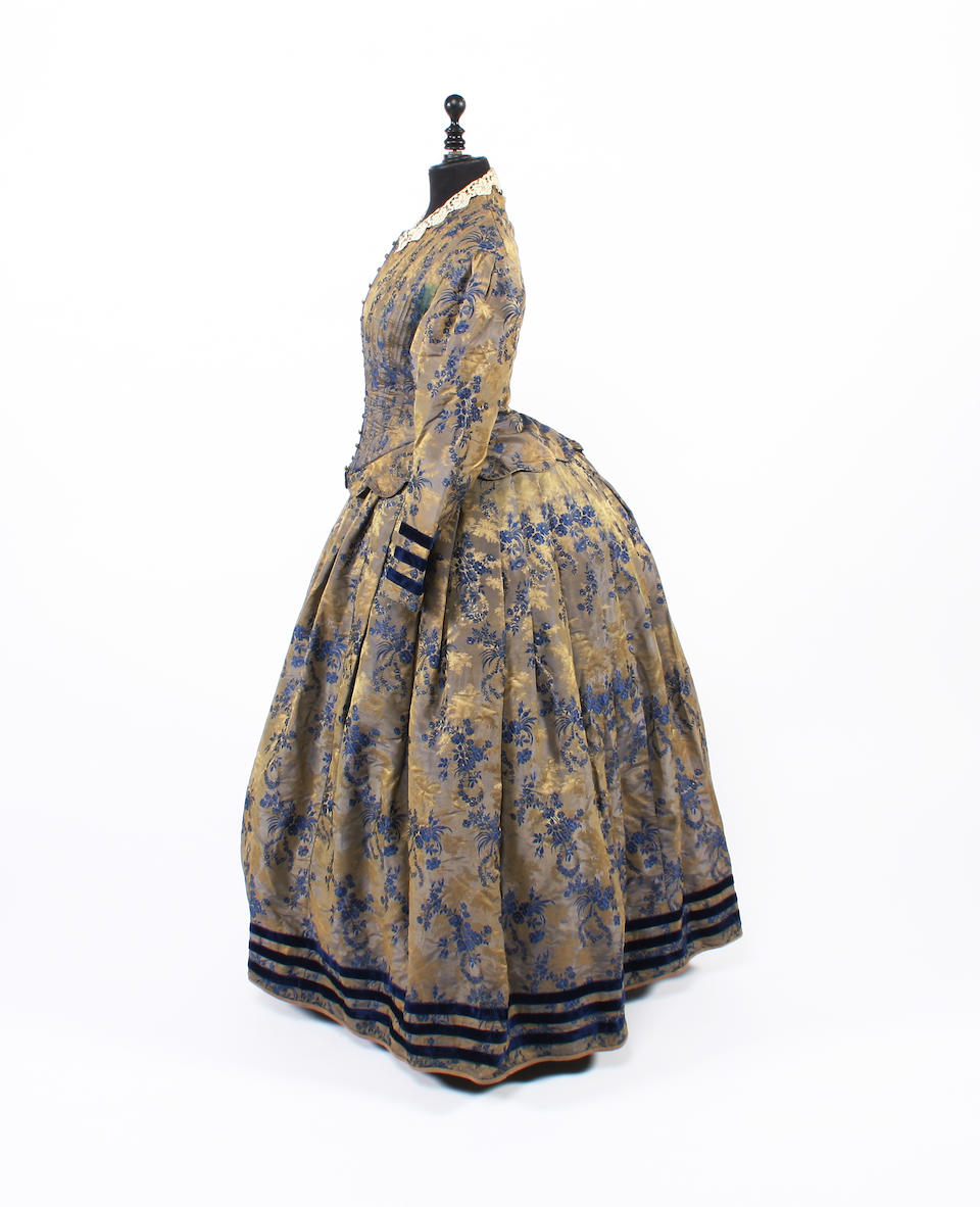 An 1850s shot silk brocade dress