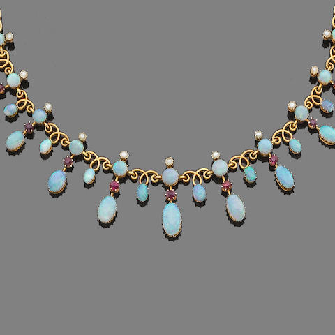 An opal, pearl and ruby fringe necklace,