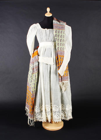 An 1820s cream gauze dress and a shawl