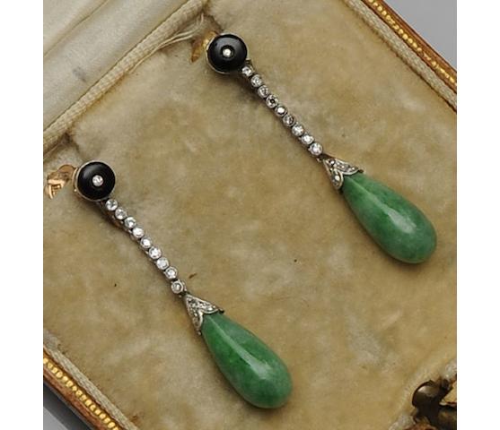 A pair of jade and diamond earpendants