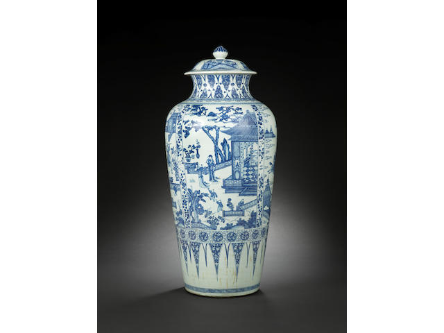 A rare and large blue and white 'soldier' vase and cover Kangxi