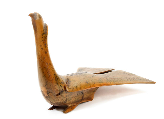 An unusual 19th Century decorated fruitwood table snuff-box in the form of a birdProbably Scandinavian