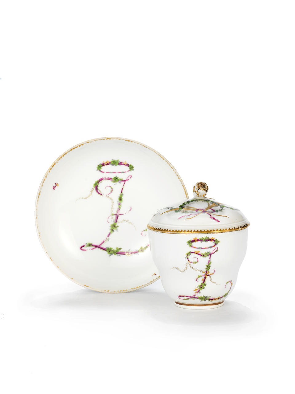 A Meissen covered cup and saucer, a teapot and cover and two teabowls and saucers, circa 1770-1790